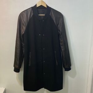 Women’s Black Varsity Bomber Wool Coat With Leather Sleeves. Bust-40 inches